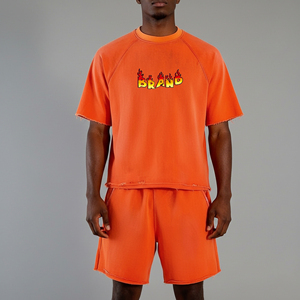 Wholesale 100% Cotton <b>2</b>-<b>Piece</b> <b>set</b> for Men's Streetwear Custom 3D puff printed logo Solid color comfortable man short <b>set</b> - Product Image 1