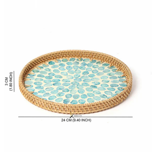 Bandeja Redonda de Madera y Ratán con Elegante Incrustación de Madreperla Azul para Decoración del Hogar, Regalo de Inauguración y Presentación de Alimentos - Product Image 6