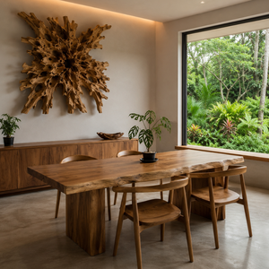 Ensemble de table à manger en teck ARTERRA Premium Villa Decor, chaise en teck à dossier incurvé, finition en teck naturel à bords bruts, moderne, pour restaurant - Product Image 5