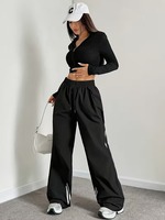 Pantalones de chándal de verano de talla grande para mujer, 100% algodón, con cintura media con cordón, parte delantera plana, corte holgado y pierna ancha, estilo urbano 3D