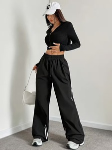 Pantalon de survêtement d'été à taille élastiquée, rayé, coupe ample, jambe large, 100 % coton, grande taille, pour femme - Product Image 6