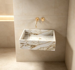 Lavabo rectangulaire mural en marbre avec robinet à bouton plaqué or, design minimaliste, facile à nettoyer, finition polie - Product Image 1
