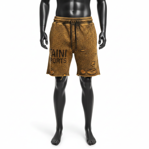 กางเกงขาสั้นผ้าฟลีซฟอกสีสำหรับผู้หญิง 320 GSM ผ้าฝ้ายผสมโพลีเอสเตอร์ สีเหลืองมัสตาร์ด ดำ ขาว พิมพ์ลายโลโก้พัฟฟ์ กางเกงขาสั้นผู้ชาย - Product Image 1