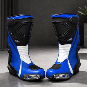 Bottes de course moto pour homme bleues en cuir imperméables avec protection de la cheville toutes saisons taille adulte - Product Image 2