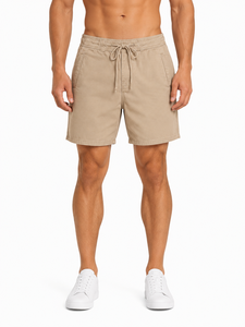 Shorts décontractés beiges pour hommes avec cordon de serrage, en coton léger, pour l'été et la plage, coupe décontractée, shorts de détente, confort quotidien, taille mi-haute - Product Image 1