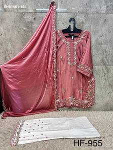 Hermoso conjunto de traje, pantalón palazzo y dupatta de satén de rayón con bordado multihilo y ribete festoneado, de proveedor indio. - Product Image 4