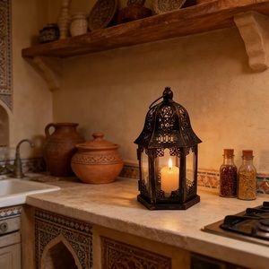 Striking <b>Gold</b> Moroccan <b>Lantern</b> with Crescent Moon Top Intricate Metal Cutwork Candle Holder for Ramadan Home Decor - Product Image 3