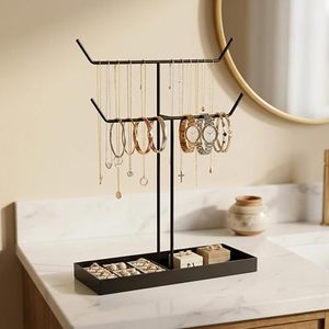 Modern <b>Rectangular</b> Jewelry Display Stand with Adjustable Hooks and Tray for Necklaces Bracelets <b>Watches</b> Rings - Product Image 1