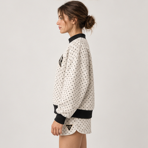 Women's Oatmeal Cream Allover Microdot Mock Neck 2-Piece <b>Shorts</b> <b>Set</b> Custom Casual Sportswear - Product Image 4