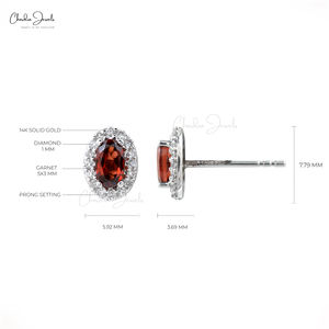 Envío Rápido, Pendientes de Oro Blanco Sólido de 14k con Granate, Corte Ovalado de 5x3mm, con Halo de Diamantes, Certificados por IGI, Joyería para Regalo - Product Image 5