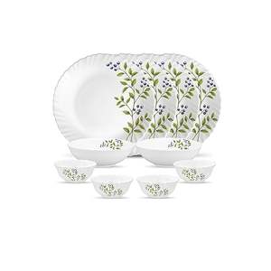 Service de table en verre opale Novo pour famille de 4 personnes, 10 pièces, assiettes et bols aux tons verts luxurants, pour la salle à manger, passe au micro-ondes, léger et blanc - Product Image 5