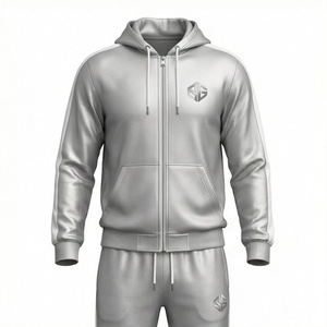 Men's Grey Hooded <b>Tracksuit</b> Full Zip Sweatshirt With Logo Casual Sportswear Set Autumn Wear - Product Image 1