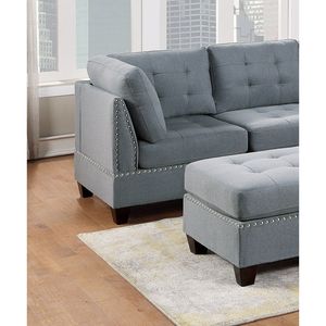 Set di mobili da soggiorno componibili 6 pz con sezione a L in tessuto grigio di lino trapuntato teste per unghie 2x zeppe angolari 2x poltrone senza braccia 2x - Product Image 5