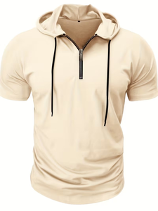 Men's Hooded Henley T-Shirt Short Sleeve Regular Fit Solid Color Casual Knitted Pullover Beige 100% Cotton/Polyester 200g - Product Image 3
