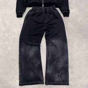 Custom Sweat Stack Pant <b>Track</b> <b>Suits</b> Wash Tracksuit Rhinestone Zip up Hoodie and Flare Sweatpants Sweatsuit Set for Men - Product Image 4