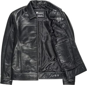 Men's Genuine <b>Leather</b> Moto <b>Jacket</b> Turn-down Collar Zipper Closure Solid Black Regular Length Autumn Wear - Product Image 1