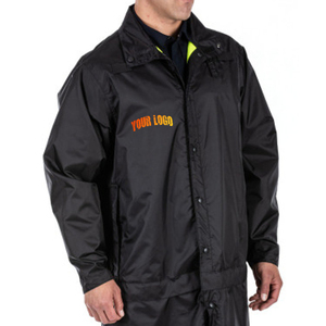 Custom Logo Men's Black Polyester Waterproof <b>Rain</b> <b>Jacket</b> With Heat Transfer Printing For Industrial Workwear Adults - Product Image 1