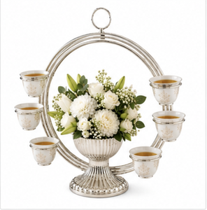 Elegante Supporto in Metallo Argentato per Tazze da Tè e Caffè con Centrotavola Floreale, Espositore Decorativo da Tavolo per Ramadan - Product Image 5