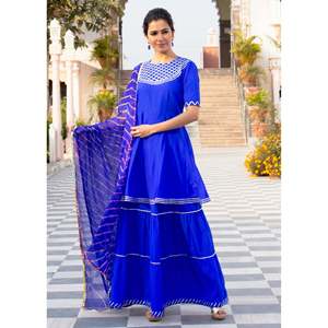 Ensemble kurta et jupe courte en tissu mousseline de soie Mukta taille XS, couleur bleu chaud - Product Image 3