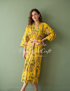 Robe kimono indienne artisanale en coton, imprimé floqué Jaipuri, jaune, longueur ras du sol, coupe ample, peignoir, vêtement de nuit d'été, kaftan - Product Image 6