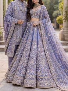 Blue Embroidered Chiffon Lehenga <b>Suit</b> With Dupatta with matching sherwani Traditional <b>Wedding</b> <b>Dress</b> <b>For</b> <b>Women</b> India Pakistan - Product Image 3