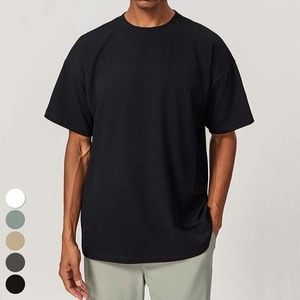 T-shirt décontracté en coton uni surdimensionné pour homme, manches courtes, col rond, respirant, couleur unie, jersey - Product Image 3