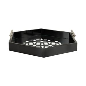 Wholesale Luxury Hexagonal Black Serving <b>Tray</b> Bulk Hotel Platter with Elegant Geometric Cutout Base and Silver Side Handles - Product Image 2