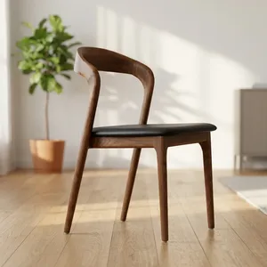 Chaise de restaurant moderne en bois avec dossier incurvé, assise rembourrée noire et pieds effilés pour café et décoration intérieure - Product Image 4