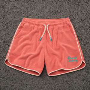 Pantalones Cortos Personalizados Y2K de Tela de Rizo Rosa Coral para Hombre, Estilo Relajado, Ropa Urbana de Verano con Ribete y Bordado en Crema - Product Image 1
