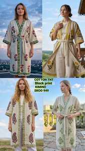 Vestido Kimono Premium para Mujer, 100% Algodón TNT, Estampado en Bloque |   Túnica Larga Étnica Tradicional Hecha a Mano |   Ropa de Algodón Estilo Boho para Mujer - Product Image 3