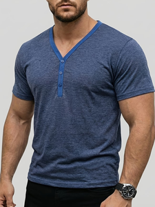 Men's V-Neck Short Sleeve Knitted Jersey T-Shirt 100% Cotton Solid Color Contrast Trim Slim Fit Casual Blue Summer 200 Grams - Product Image 1
