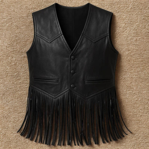 Women's <b>Black</b> Genuine Leather V-neck Motorbike <b>Vest</b> Eco-Friendly Breathable Windproof Vintage Style Outerwear Regular Length - Product Image 1