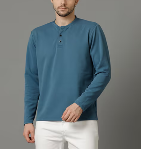 OEM Factory Direct Sale Men's T-Shirt 100% Cotton Henley Neck Button Placket Design Custom Logo Long Sleeve 200 GSM Regular Fit - Product Image 2