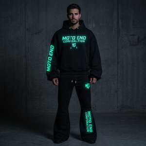 Custom Men's Vintage Oversized Flared <b>Waterproof</b> <b>Tracksuit</b> Polyester/Cotton Heavyweight Glow Dark Screen Print Hoodie Sweatpants - Product Image 1