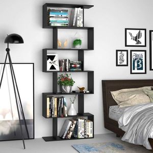 Librería de Madera con Forma Geométrica en S, Mueble de Almacenamiento y Exhibición de 6 Niveles, 75" de Alto x 27.6" de Ancho, Color Negro Roble Abedul - Product Image 1