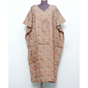 High Quality Custom Block Printing 100% Organic Cotton Sweet Natural Waist Loose Fit Long <b>Summer</b> Beach Women's Kaftan <b>Dress</b> - Product Image 1