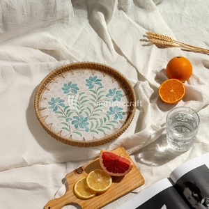 Round Rattan Storage Tray Bohemian Design for <b>Table</b> Use Multifunctional Single Compartment Decorative Organizer - Product Image 2