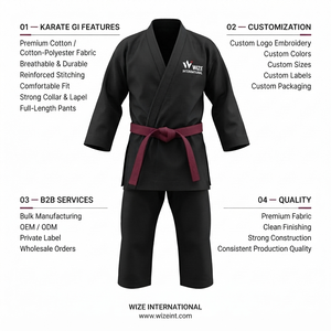 WIZE INTERNATIONAL Karate Gi Negro 100% Algodón Transpirable Uniforme Unisex para Adultos con Logotipo Frontal Impreso por Transferencia Térmica - Product Image 6