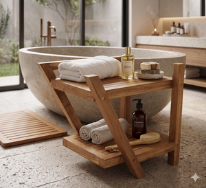 Modern Z Shaped Teak Wood Shower <b>Bench</b> 2 Tier Bathroom Organizer Shelf Spa Stool With <b>Storage</b> For Towels Toiletries Indoor - Product Image 4