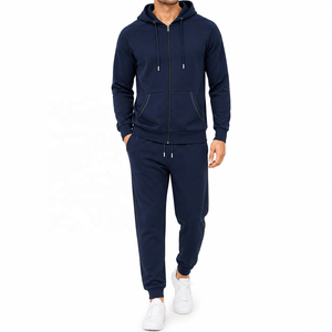 Ensemble de survêtement bleu à capuche pour homme, sweat-shirt et pantalon à fermeture éclair intégrale, couleur unie décontractée, respirant, en polyester, pour l'automne - Product Image 1
