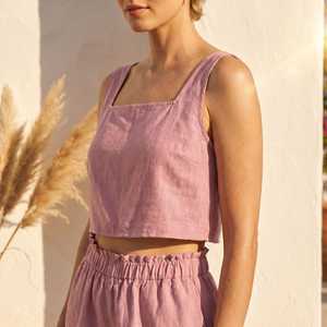 Women Vintage <b>Linen</b> Backless Co-Ord Set Sleeveless Crop <b>Top</b> and Elastic Waist Shorts with Hole Detail ODM Summer Outfit - Product Image 1