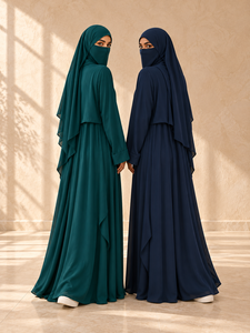 Abaya longue en mousseline rose poudré Mishkat Couture avec voile intégral, poignets à volants, extensible dans quatre directions, manches longues, pour femme, tenue islamique modeste - Product Image 3
