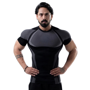 Camiseta de Compresión Personalizada para Hombre, Negra y Borgoña, Manga Corta, Cuello Redondo, Ajustada, para Gimnasio, Entrenamiento, Protección contra Rozaduras, Ropa Deportiva, Capa Base - Product Image 2