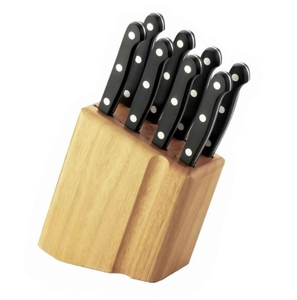 Black Riveted Handle <b>Steak</b> <b>Knives</b> <b>Set</b> with Silver Narrow Blades and Light Brown Wooden Storage Block for Dining Table Cutlery - Product Image 3