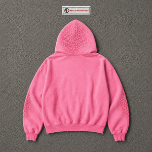 Sudadera con Capucha Oversize Rosa Desgastada con Bordado de Estrellas Coloridas, Estampado de Leopardo Tonal, Estilo Vintage Lavado, Texturizada, para Streetwear - Product Image 6