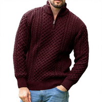 Pull décontracté pour homme en tricot fin, col zippé 1/4, couleur unie bordeaux, chaud et respirant pour l'automne, manches classiques, style vintage, 100 % laine