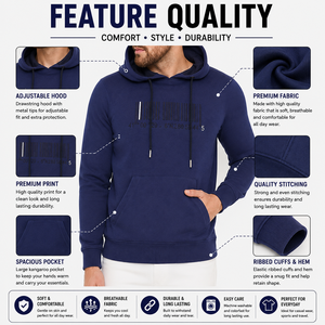 Sudadera con capucha azul marino para hombre, corte regular, tejido de algodón, informal, con bolsillo frontal y estampado de código de barras - Product Image 4
