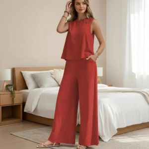 ชุดเซ็ต 2 ชิ้นสำหรับฤดูร้อนของผู้หญิง – เสื้อกล้ามทรงหลวมแบบไม่มีแขนและกางเกงขายาวทรงหลวม ชุดลำลองเข้าชุดกัน - Product Image 2