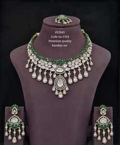 12641Green Kundan <b>Bridal</b> <b>Necklace</b> <b>Set</b> With <b>Earrings</b> Victortian Gold Plated Cubic Zirconia Jewelry For Wedding Women Trendy Style - Product Image 3
