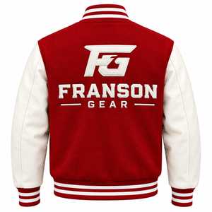 Veste de baseball varsity pour homme FRANSON GEAR, style streetwear, avec lettrage brodé, doublure en polyester, manches et devant rouge et blanc - Product Image 2